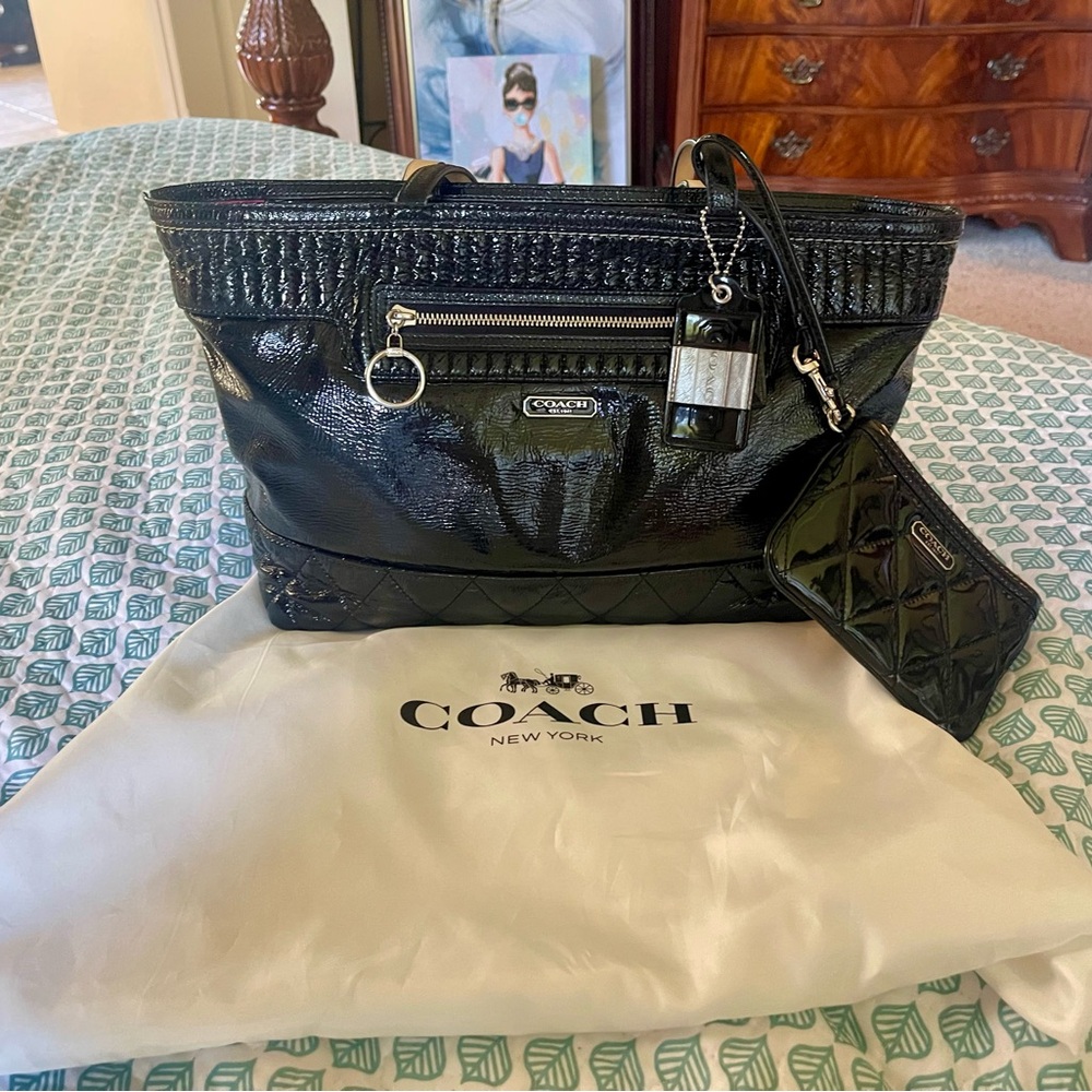Coach Black Patent Leather Tote with Silver Hardware